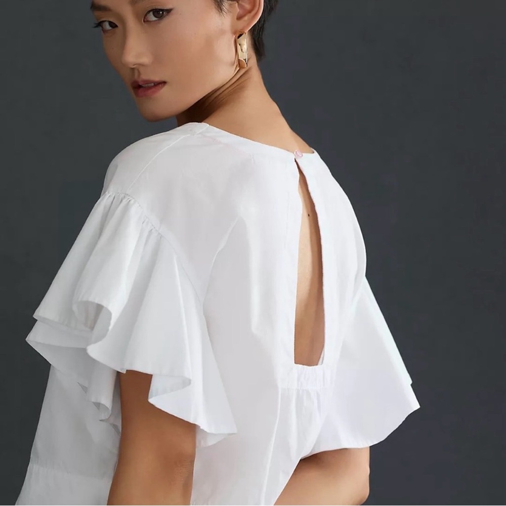 MAEVE ANTHROPOLOGIE | White Cotton Poplin Flutter Sleeve Pullover Blouse - Picture 2 of 11